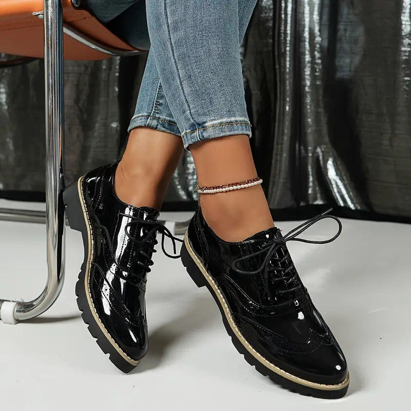 Patent Leather Oxford Style Shoes With Chunky Sole For Women