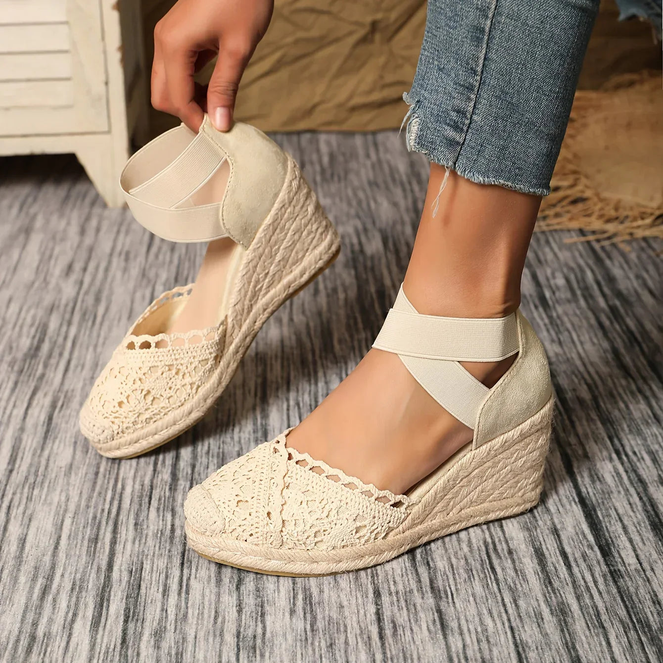 Elegant Wedge Sandals with Crochet Tip