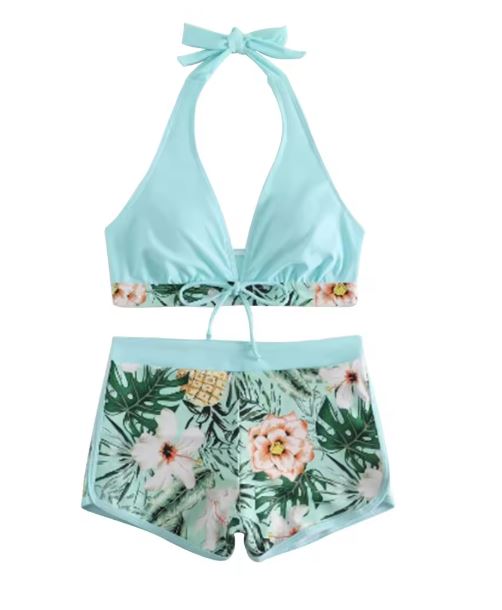 Women's sporty bikini set with braided top and patterned shorts