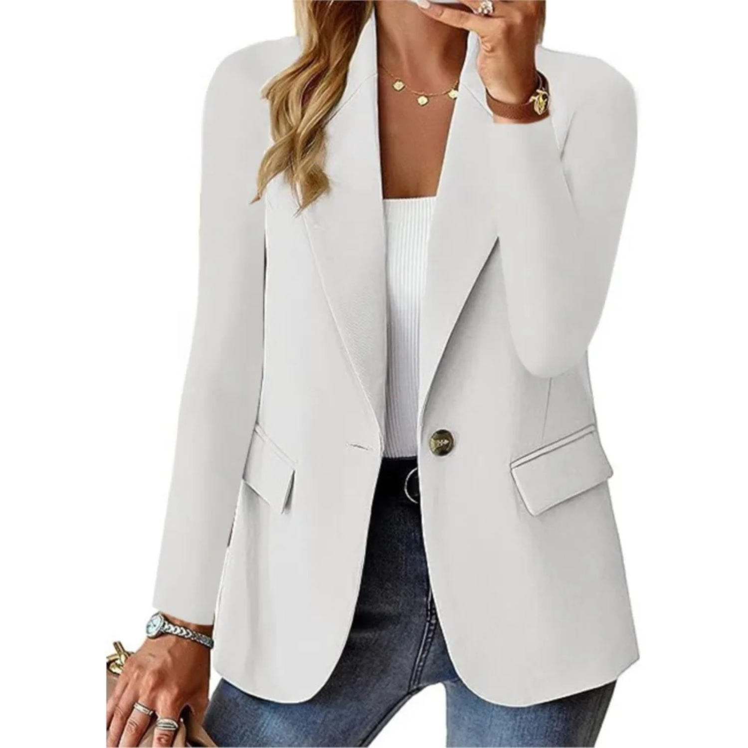 Solid Women's Blazer With Long Sleeves and Narrow Pocket Buckle