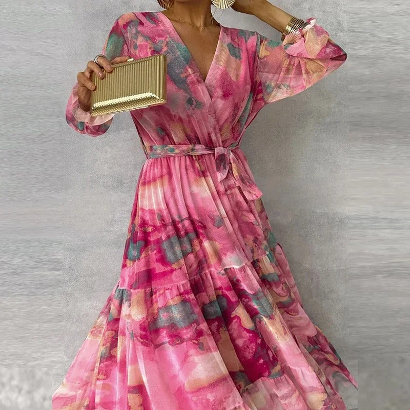 Elegant Long-sleeved Maxi Dress With Floral Pattern