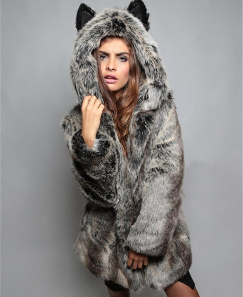 Ladies Cozy Fur Coat with Hood and Cat Ears