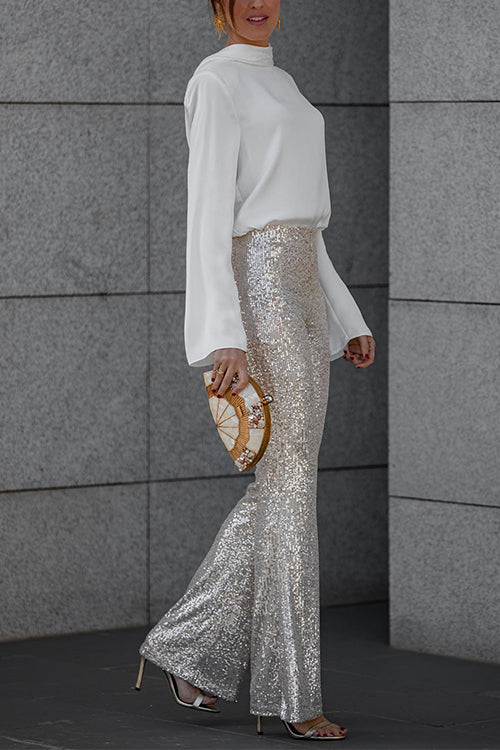 Elastic Waist Bell Bottoms Stretch Sequin Pants