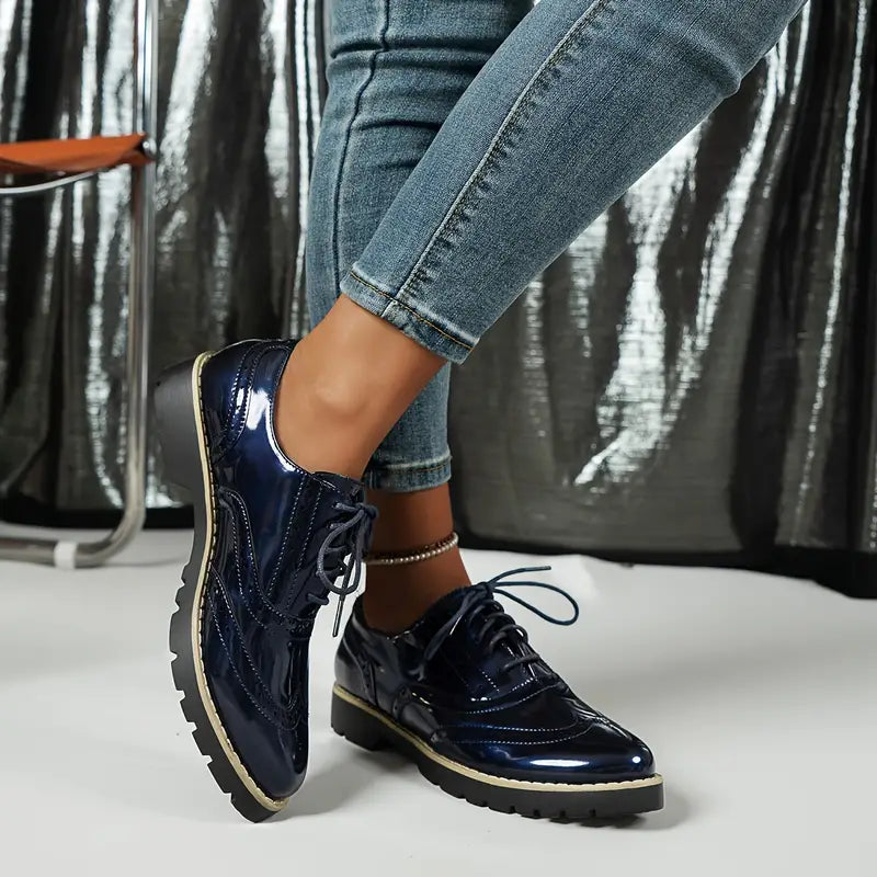 Patent Leather Oxford Style Shoes With Chunky Sole For Women