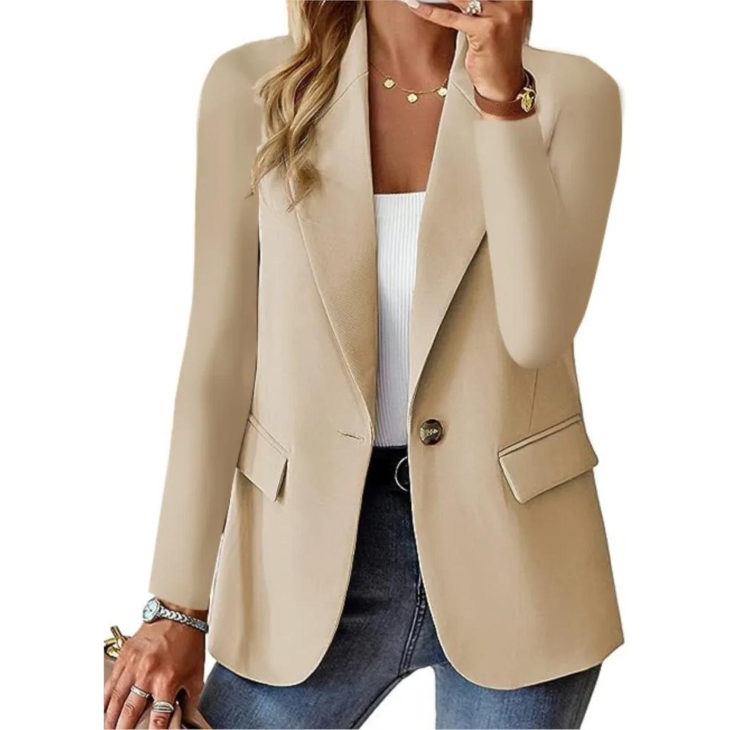 Solid Women's Blazer With Long Sleeves and Narrow Pocket Buckle