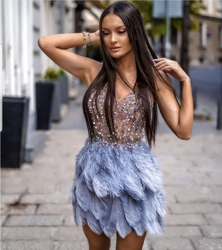 Feather Sequins Sleeveless Mini Dresses