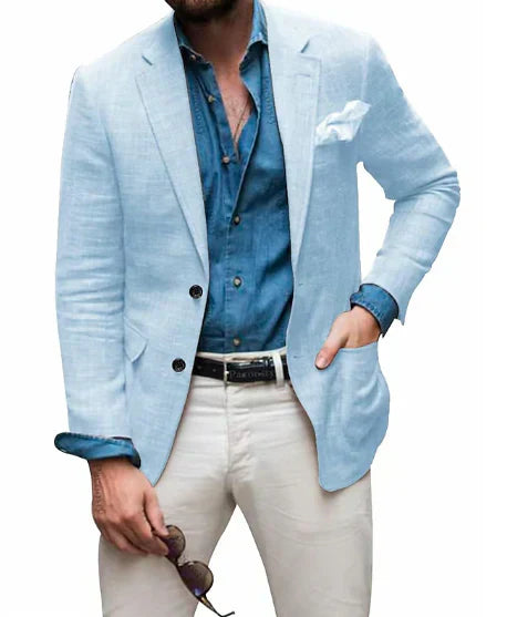 Men's Linen Blazer Beach Wedding Casual Tailored Fit Solid Color Single Breasted Two Buttons