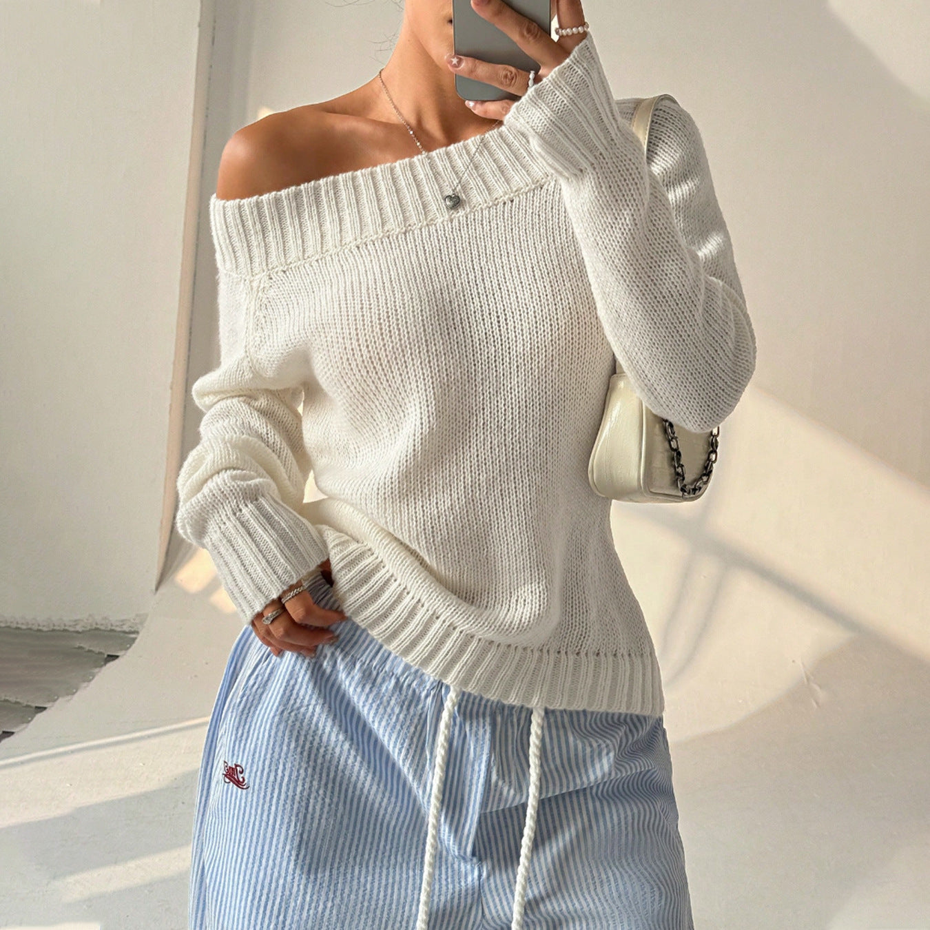 Women's Off-Shoulder pullover with Textured Knit Pattern