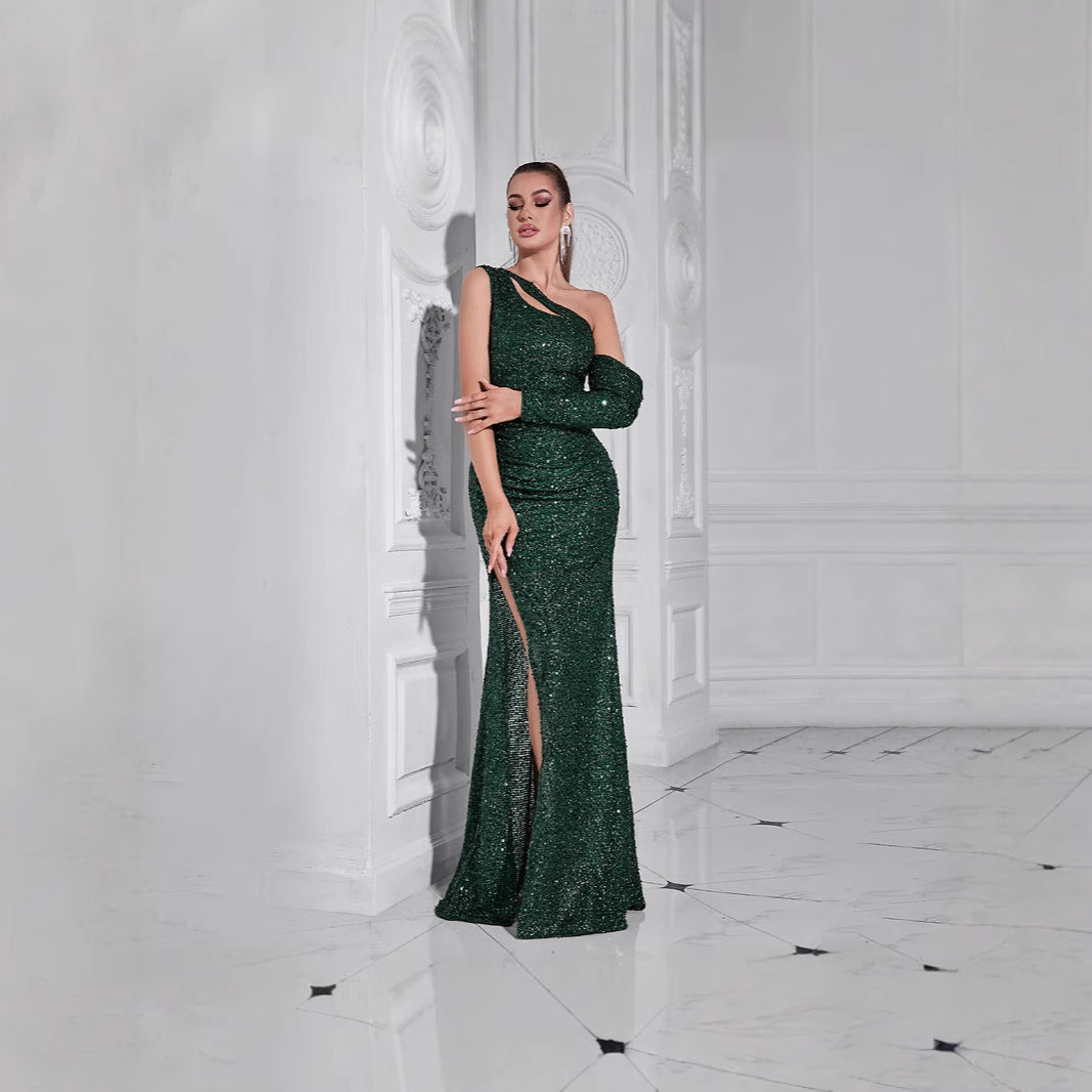 Women's Glamorous Evening Dress with Asymmetric Cut-Out and Sparkling Sequins