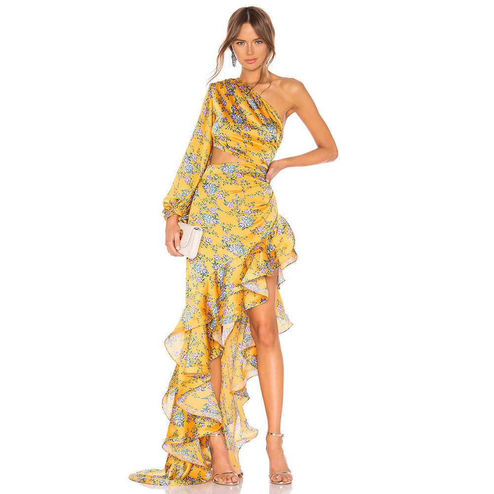 Ladies Elegant Ruffle Dress with Asymmetric Cut and Floral Design