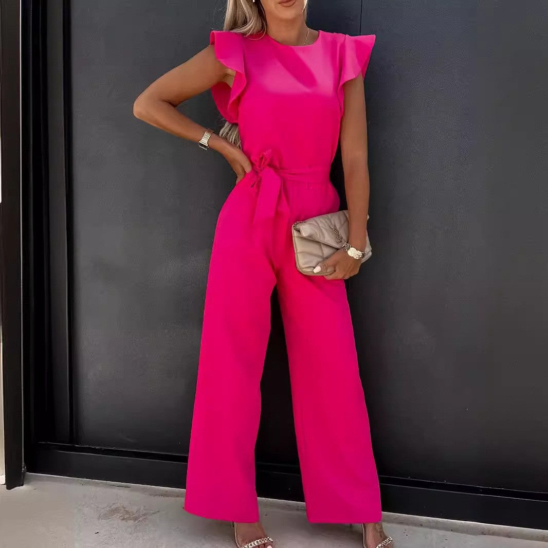 Women's jumpsuit with waist belt and elegant ruffle details