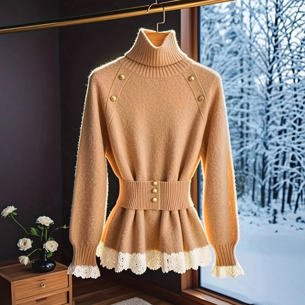 Women’s elegant knit pullover with high neck and decorative button details