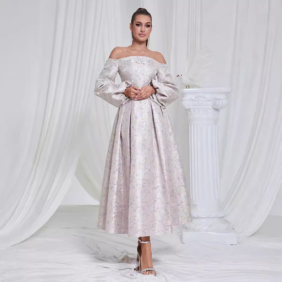 Ladies Festive Off-Shoulder Midi Dress with Voluminous Sleeves and Elegant Waist
