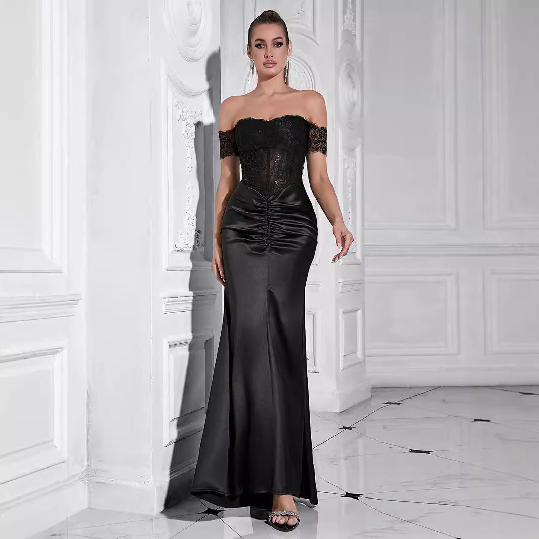 Women's Off-Shoulder Evening Dress with Lace Top and Bodycon Design