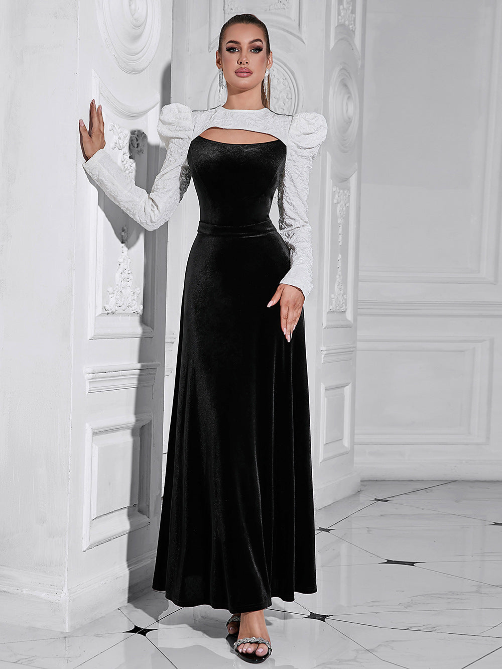 Ladies Velvet Evening Dress with Puff Sleeves and Transparent Top