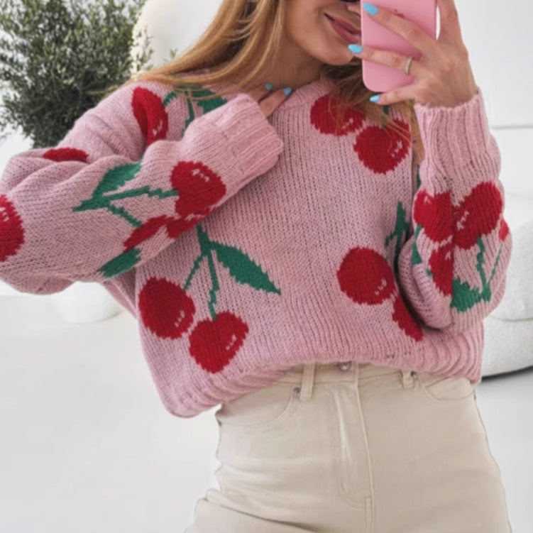 Women's casual pullover with fruity cherry pattern and soft knit