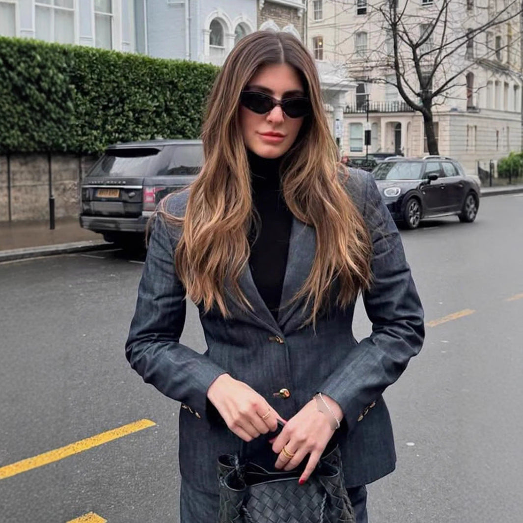 Women tailored denim blazer with golden buttons and practical pockets