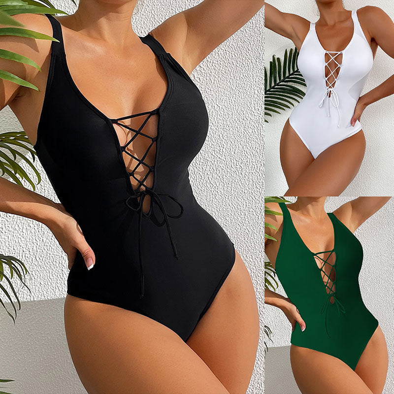 Women Lacing Plunge One-Piece Swimsuit