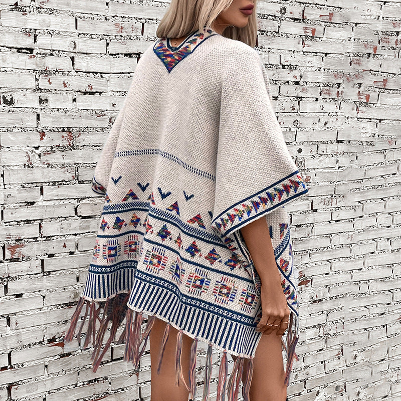Women's stylish poncho with colorful ethnic pattern