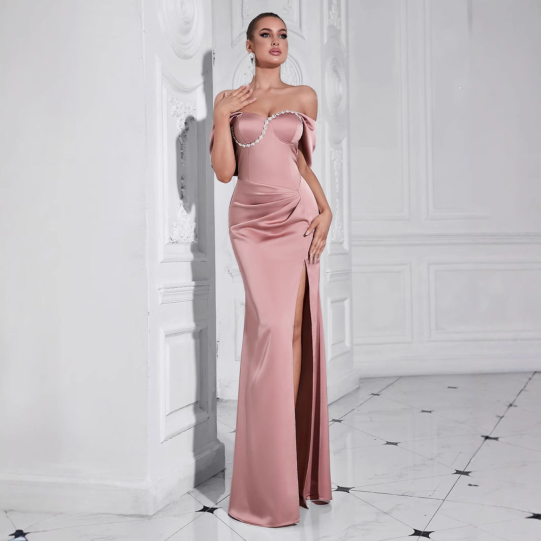 Women's Elegant Evening Dress with Off-the-Shoulder Details and Side Slit
