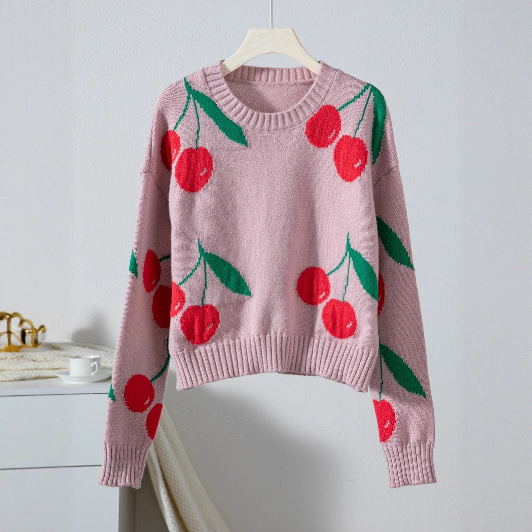 Women's casual pullover with fruity cherry pattern and soft knit