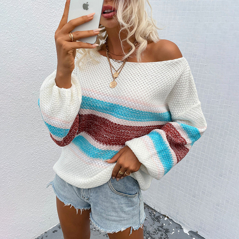 Women's casual pullover with wide neckline and unique stripe pattern