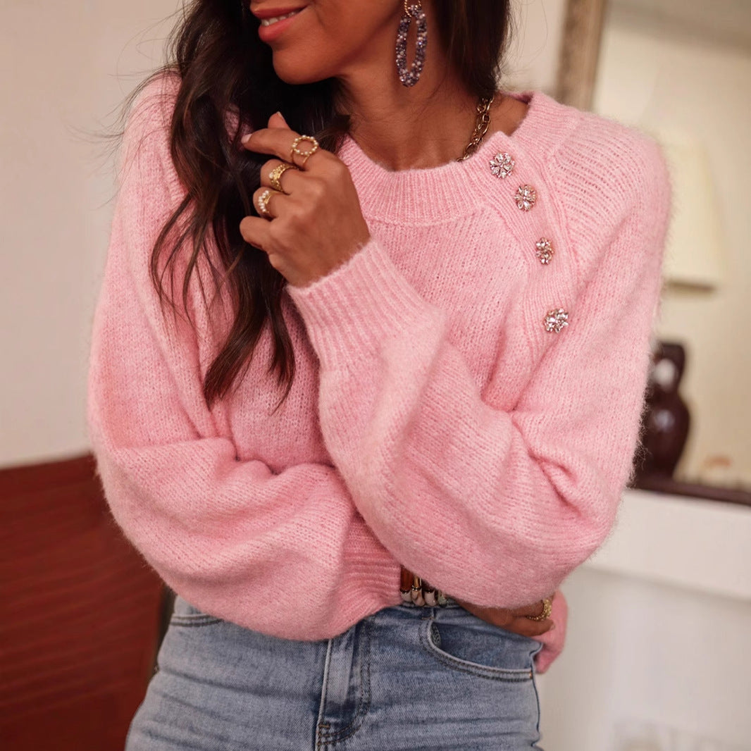 Women elegant oversized pullover with rhinestone details
