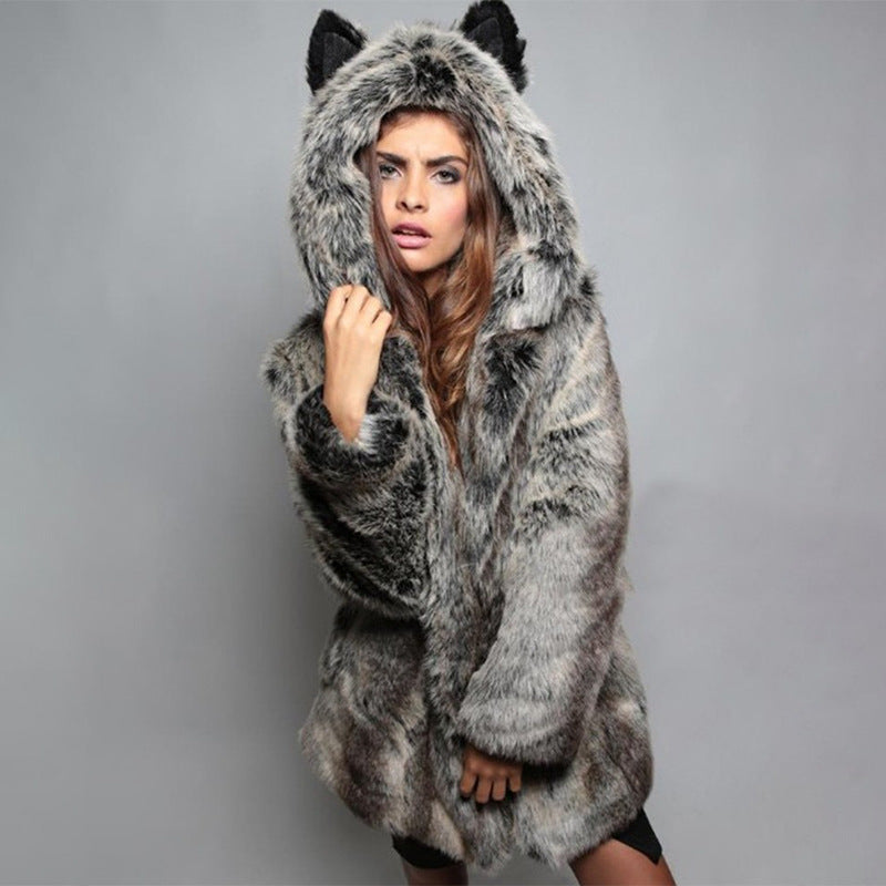 Ladies Cozy Fur Coat with Hood and Cat Ears