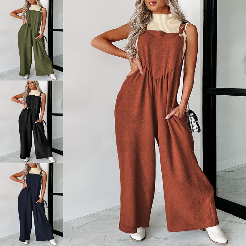 Women’s casual jumpsuit with wide cut legs and decorative button details