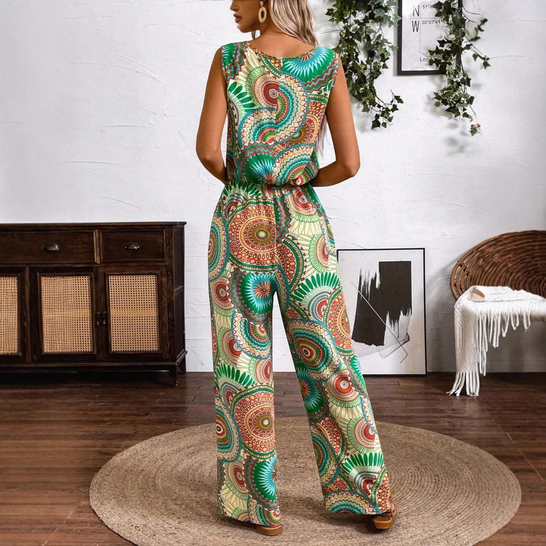 Women's casual jumpsuit with striking pattern detail and elastic waistband