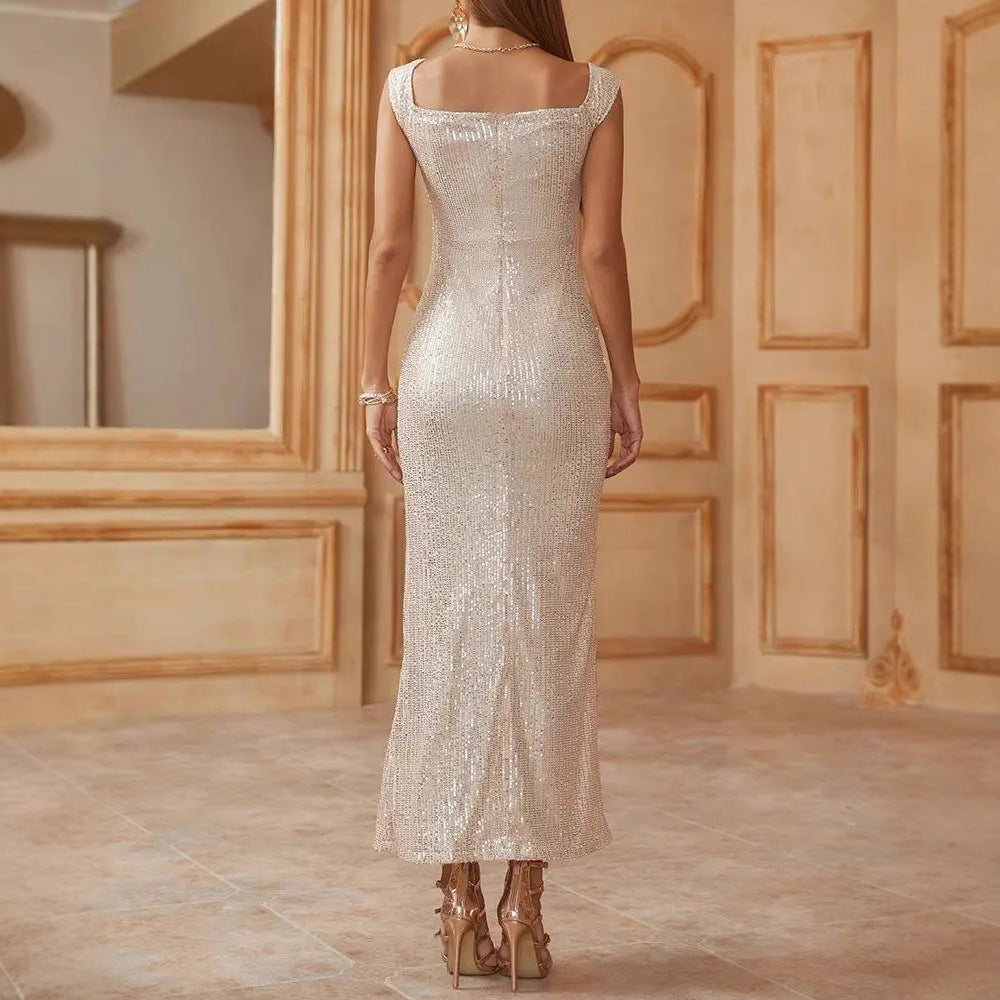 Women's Glamorous Evening Dress with Sequin Decoration and Eye-Catching Slit