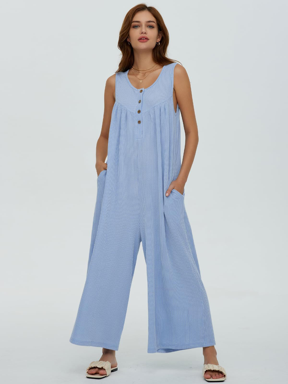 Women's Casual Jumpsuit with Button Details and Side Pockets