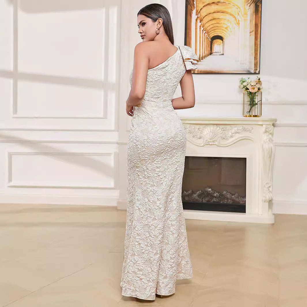 Ladies Elegant Evening Dress with Asymmetrical Shoulder Design and High Slit