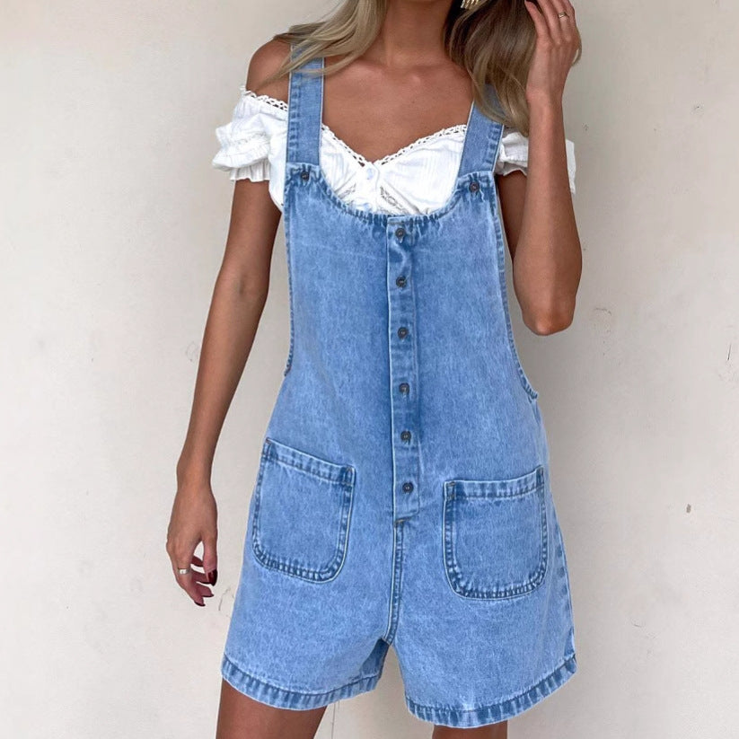 Women's denim overalls with practical pockets and button-down design