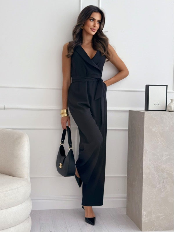 Sleeveless Women's Jumpsuit With V-Neck And Waist Decoration