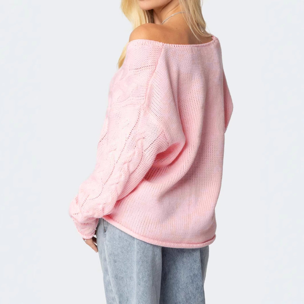 Women's chunky knit pullover with deep V-neck and casual silhouette