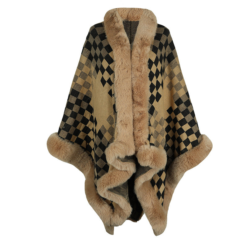 Ladies elegant knitted poncho with luxurious faux fur trim and geometric pattern