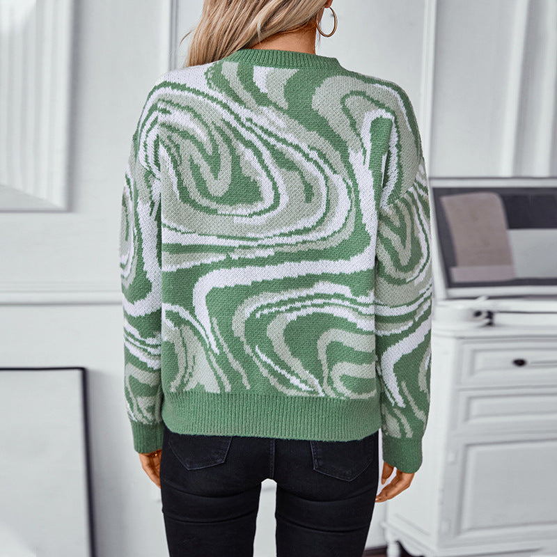 Women's patterned knitted pullover with modern wave pattern and round neck
