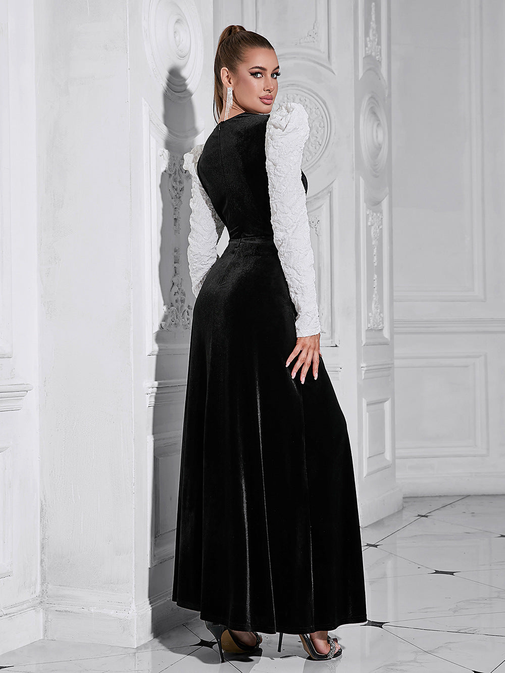 Ladies Velvet Evening Dress with Puff Sleeves and Transparent Top