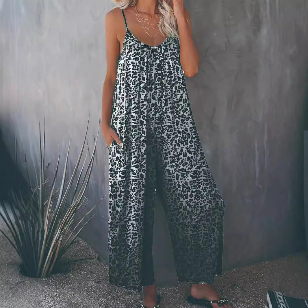 Women's Loose Jumpsuit with Animal Print and Practical Pockets