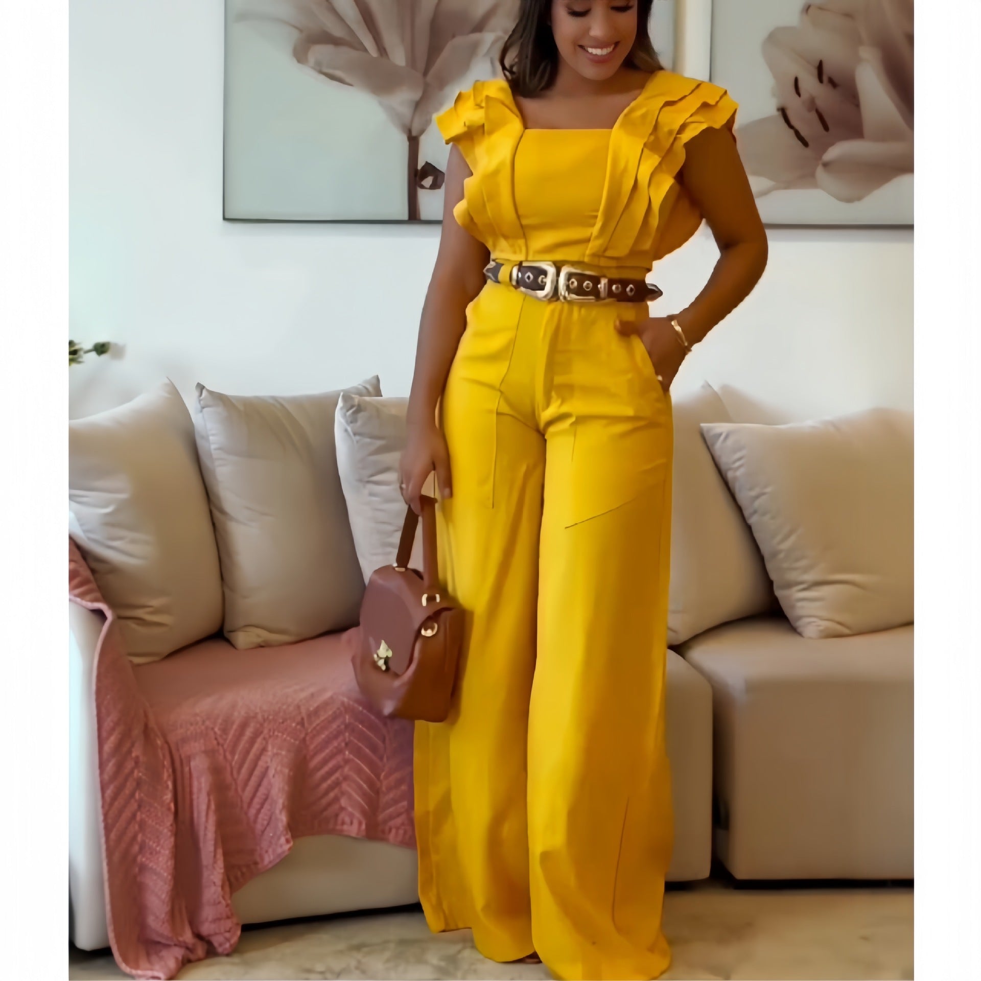 Ladies elegant jumpsuit with voluminous ruffle details