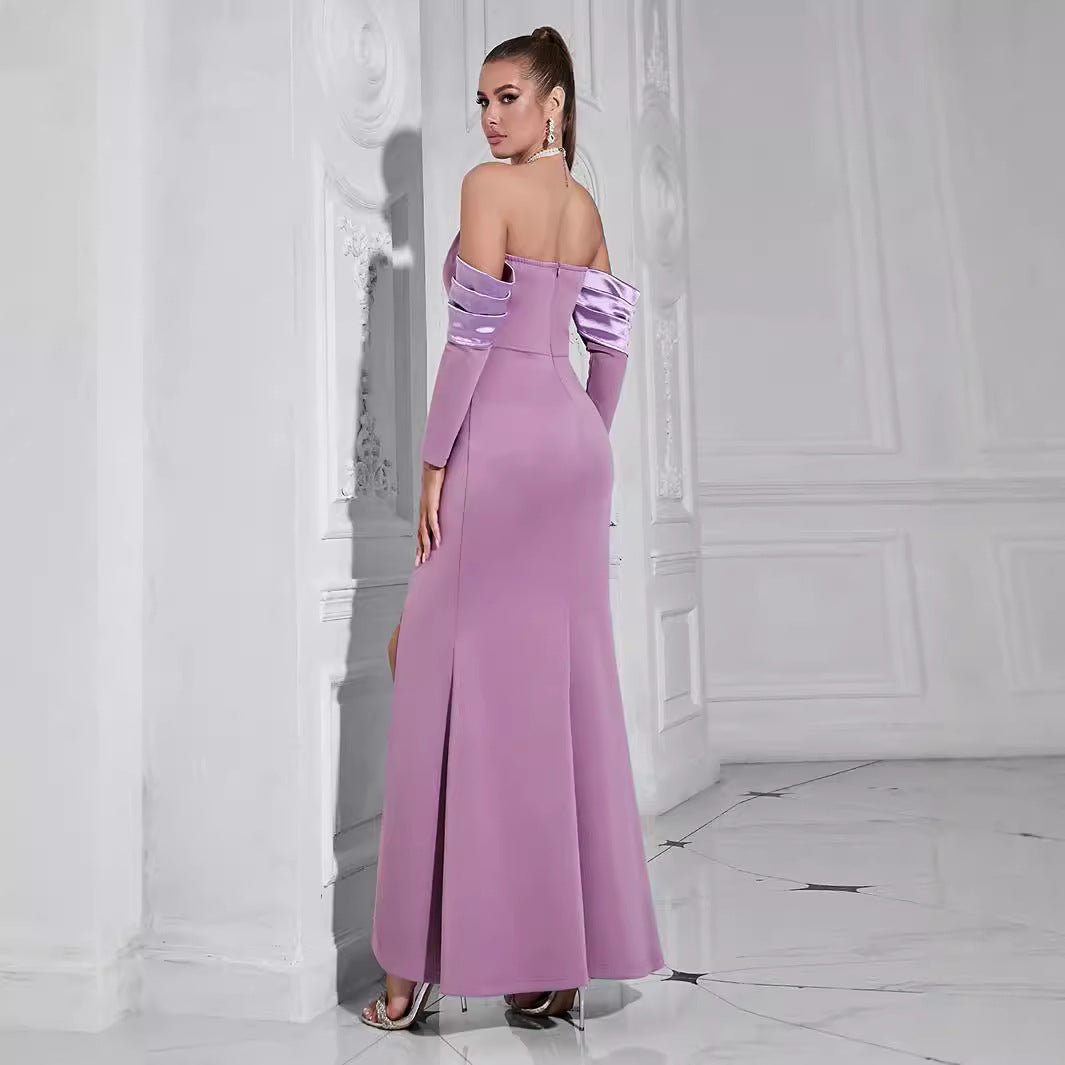 Women's Elegant Evening Dress with Asymmetrical Strap and Chic Slit
