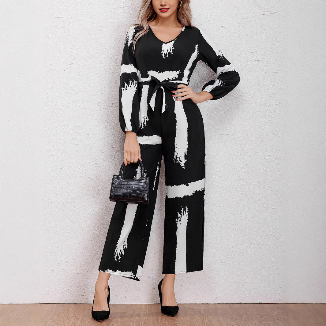 Ladies jumpsuit with modern brushstroke design and belt