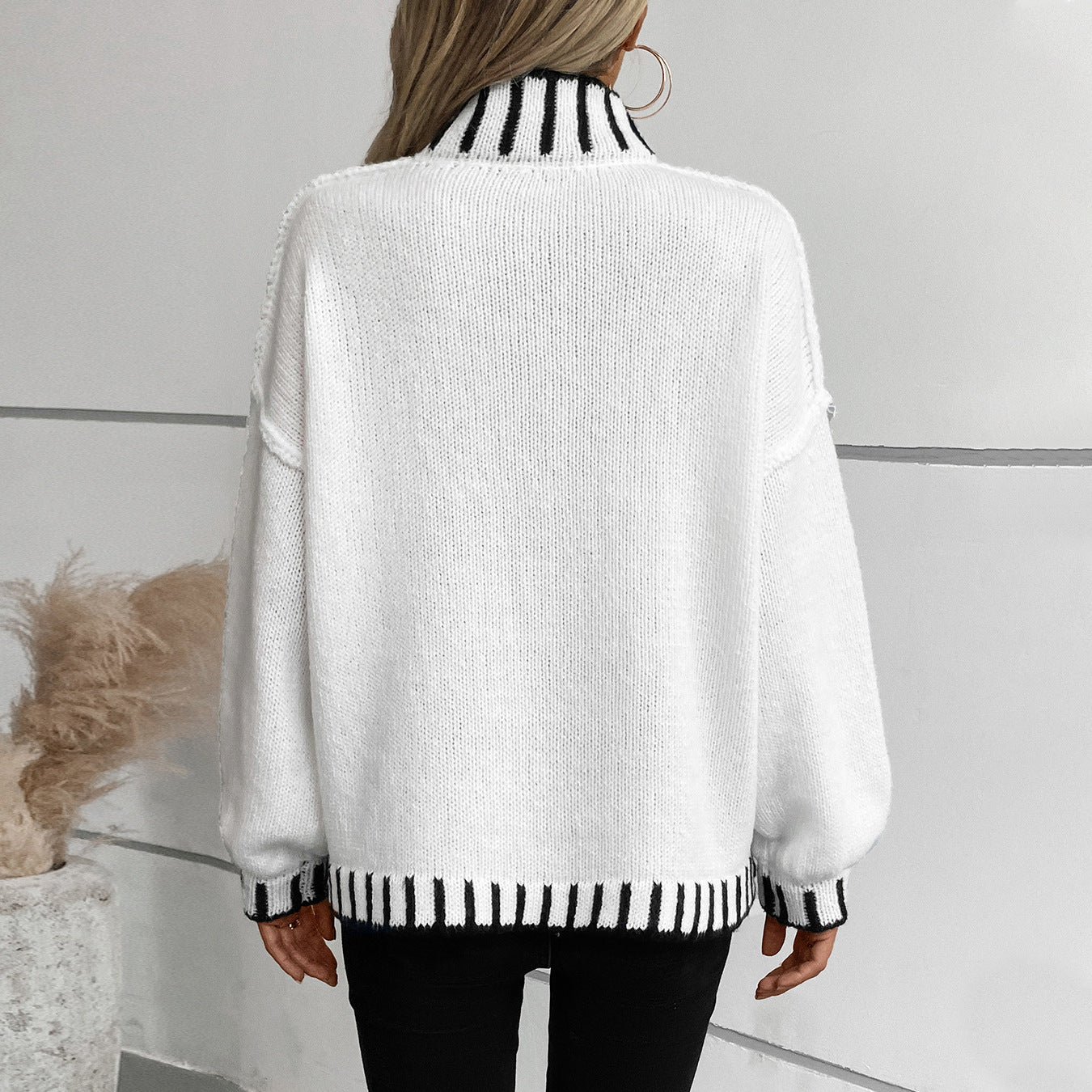 Ladies fashionable pullover with high collar and contrasting cuffs