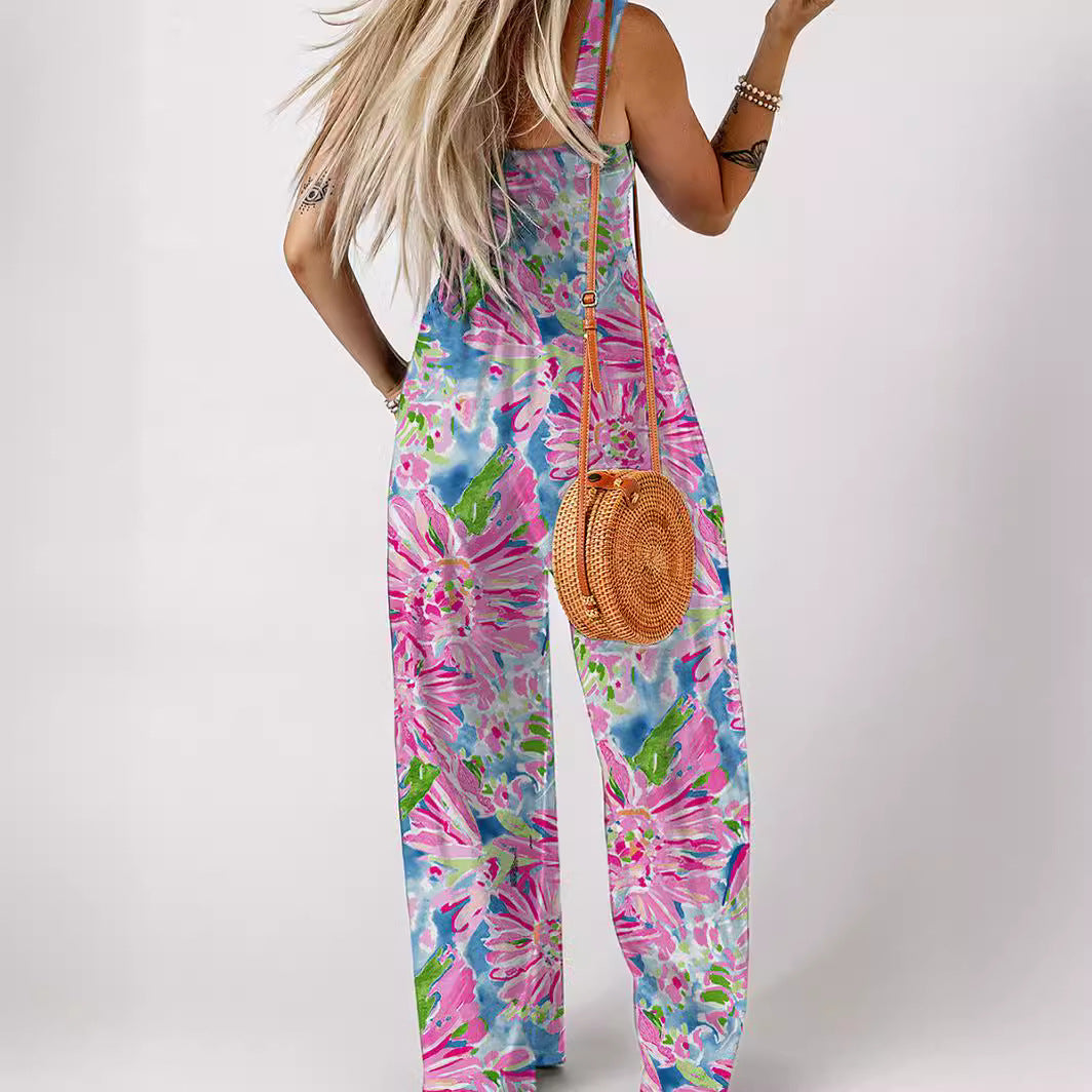 Women's airy floral print jumpsuit in maxi format with practical pockets