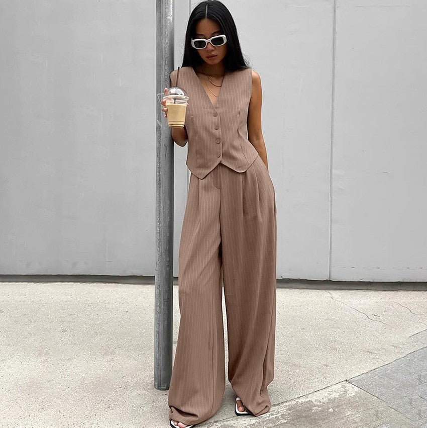 Ladies Elegant Two-Piece Suit Set with Wide Leg and Gathered Top