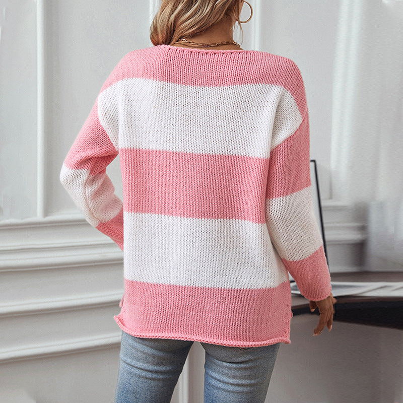 Women's casual V-neck knitted pullover with generous stripe pattern
