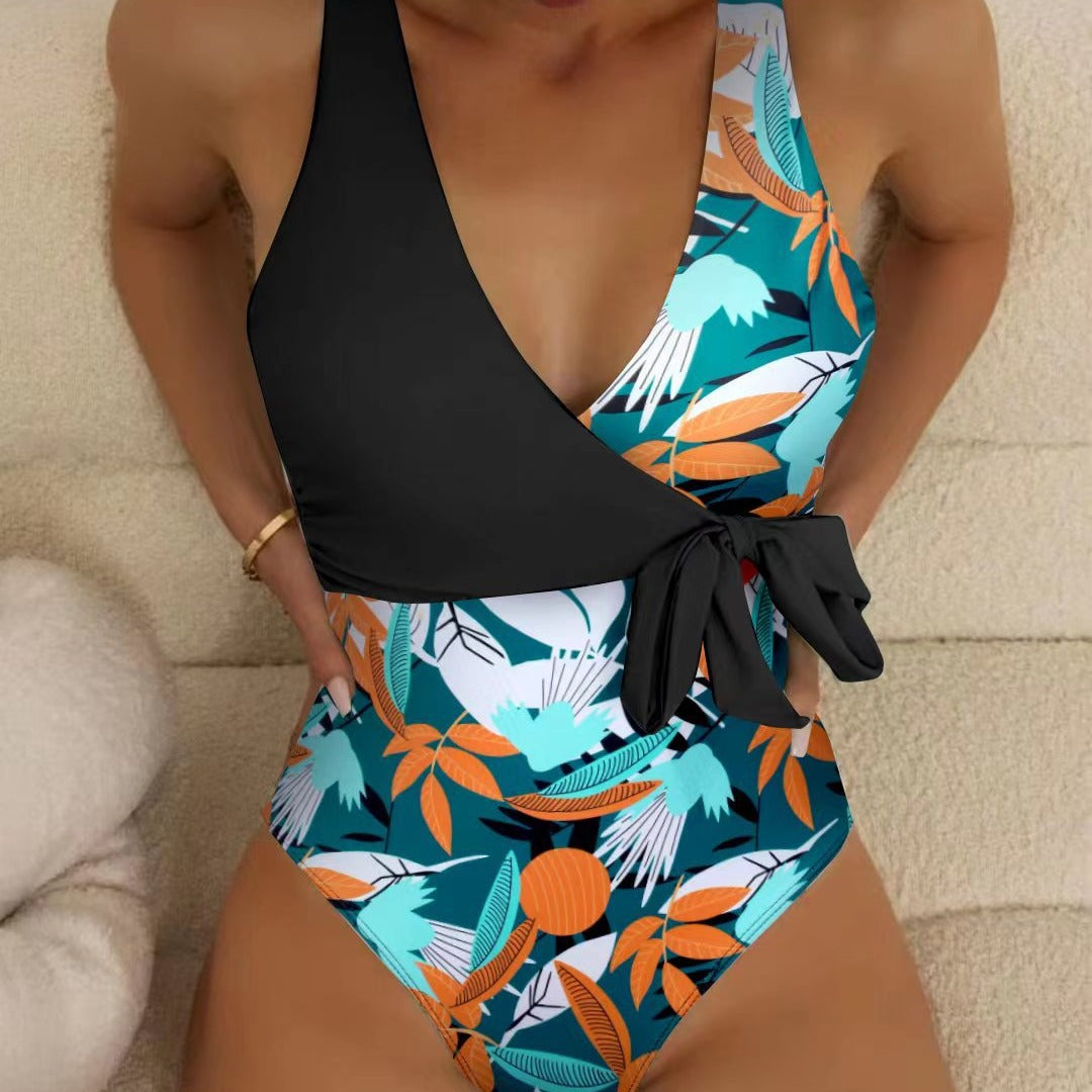 Women's High-Waisted Floral Print Wrap One-Piece Swimsuit with Tie Detail