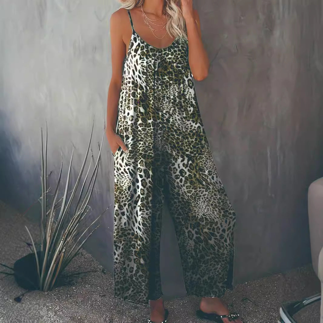Women's Loose Jumpsuit with Animal Print and Practical Pockets