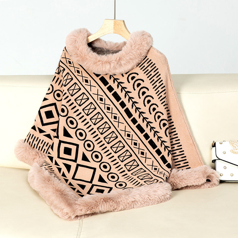 Women's fashionable poncho with decorative faux fur collar